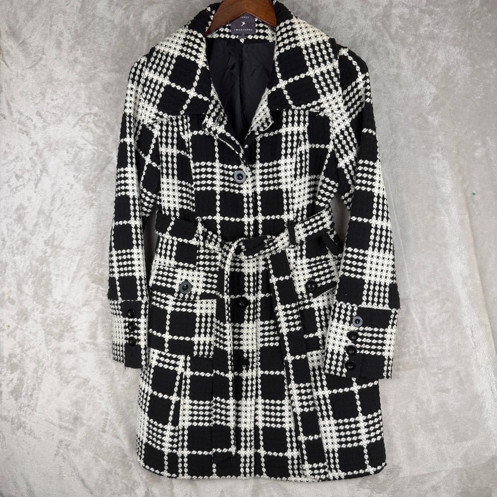 Black White Plaid Belted Trench Coat Jacket Womens Medium Forever 21 Love 21